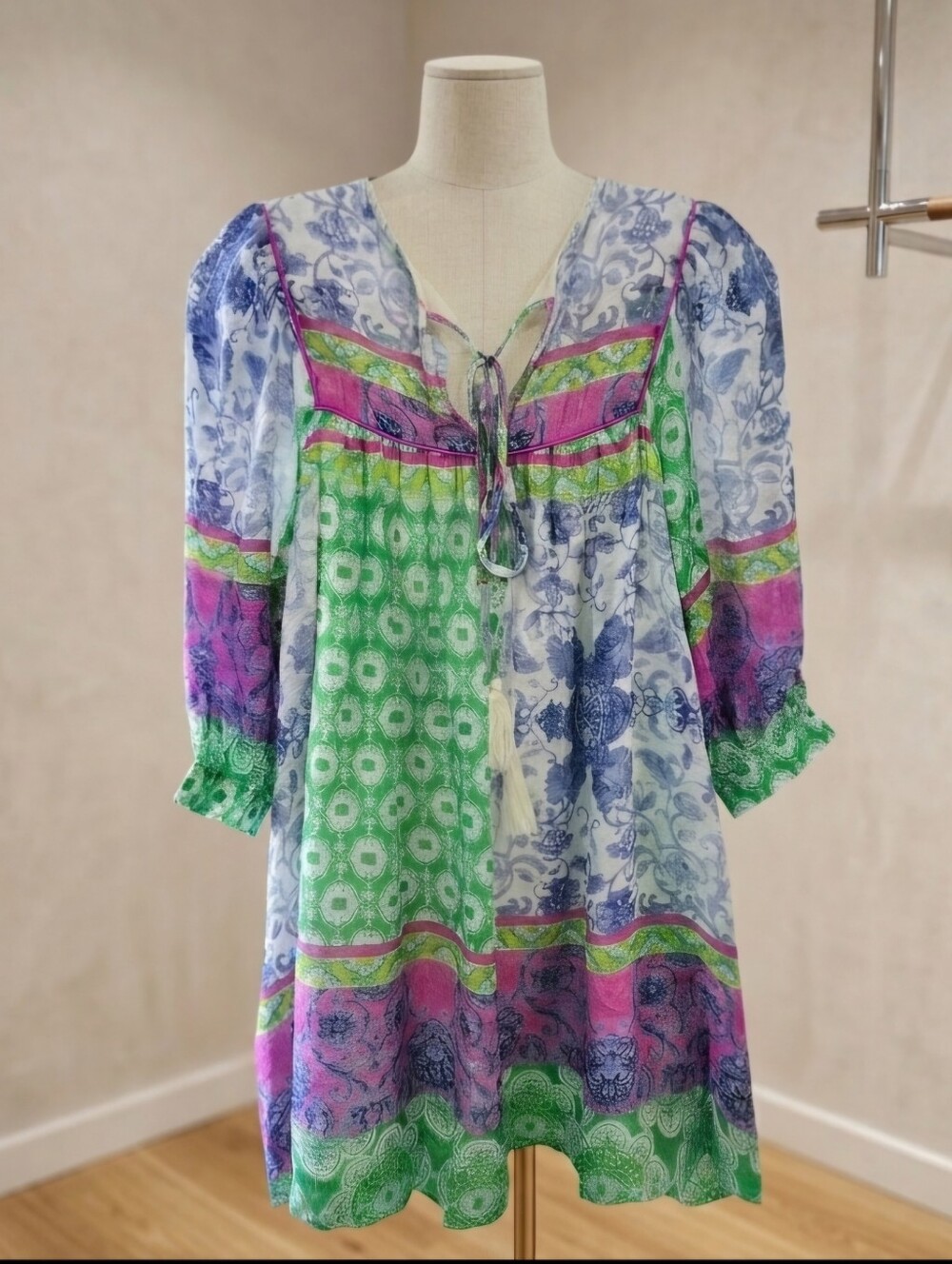 J.NNA Multi-Pattern Tunic Dress with Sheer Sleeves & Pockets | M - Picture 2 of 8